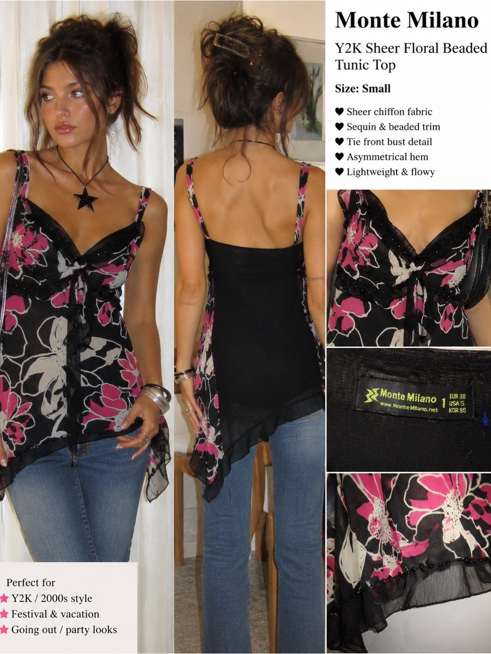 Monte Milano Y2K Sheer Floral Beaded Tunic Top Women’s Small Black Pink
